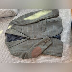 Men's Olive Indochino Green Windowpane Wool Blazer with Brown Elbow Patches